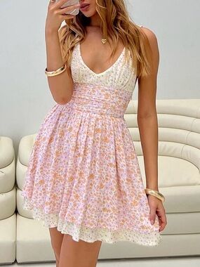 Princess Polly Floral Mini Dress Size 6 Pink Smocked Waist